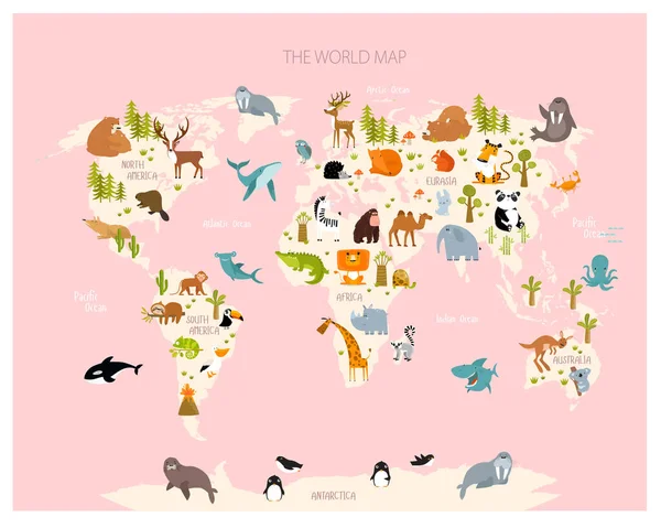 Print Vector Illustration World Map Children Gentle Tones Lots Animals — Vetor de Stock