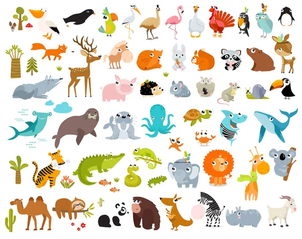 漫画の動物の大きなベクトルセット 森林動物 熱帯動物 海の動物 — ストックベクタ