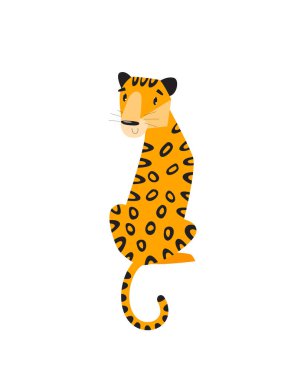 Print. Vector cartoon jaguar. Jaguar sits. Wild cat. Wild animal.
