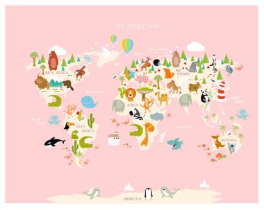 Print. Vector illustration world map for children in gentle tones with lots of animals: bear, cow, elephant, whale, deer, crocodile, panda, monkey, giraffe. America, Europe, Asia, Canada, Africa, Antarctica