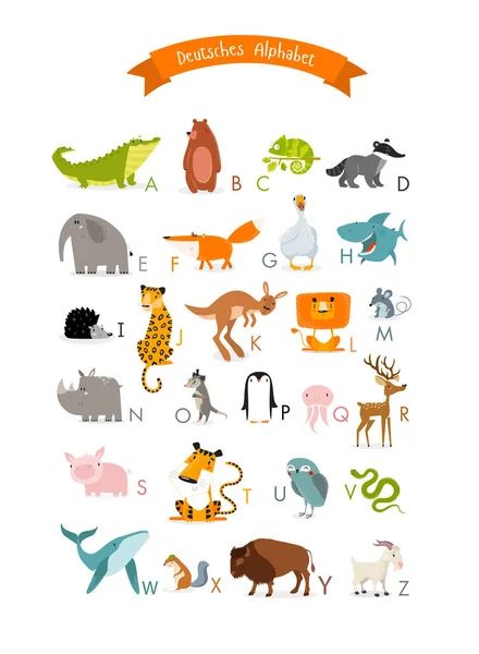 Print German Alphabet Cute Animals Vector Poster Teaching Letters Children — Vetor de Stock