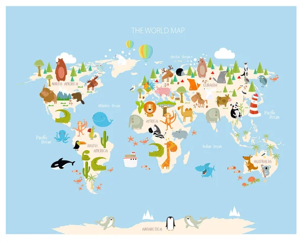 Print Vector Illustration World Map Children Gentle Tones Lots Animals — Vector de stock