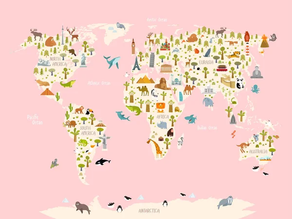 Εκτύπωση Παγκόσμιος Χάρτης Ζώα Και Αρχιτεκτονικά Ορόσημα Για Παιδιά Ευρασία — Διανυσματικό Αρχείο