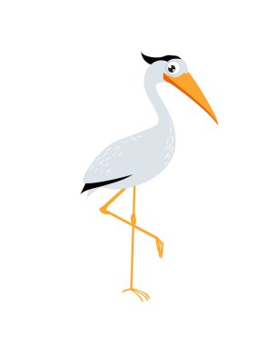 Print. Cute cartoon heron. Vector stork. The heron stands on one leg