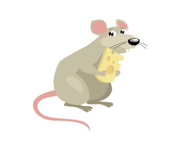 Print. artoon rat with cheese. Sweet rodent. Cartoon character.Little fluffy mouse. gray wool