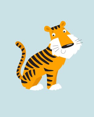 Print. Cute vector tiger. Funny cartoon tiger. The tiger is sitting. African animal. Cartoon character.