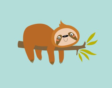 Print. Cartoon sloth. Vector cute sloth. Cartoon character. Sloth resting on a branch