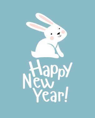 Yazdır. Yeni yıl kartı ve şirin bir tavşan. Çizgi film beyaz tavşan. 2023 'ün sembolü. Mutlu yıllar ve mutlu Noeller! Çin Yeni Yılı. Kartpostal, poster, davetiye.