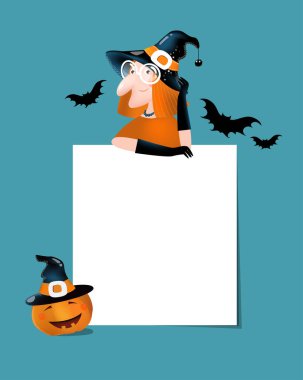 Yazdır. Cadılar Bayramı için vektör çerçevesi. Tatlı cadı, balkabağı, yarasalar, mesaj için yer. Şapkalı komik bir cadının posteri. İyi cadı. Kartpostal, davetiye.