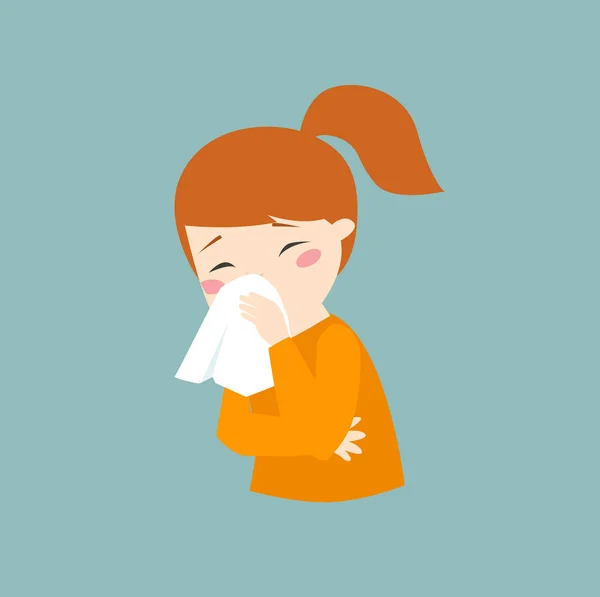 Print Girl Sick Icon Girl Blows Her Nose Handkerchief Headache — Stock Vector