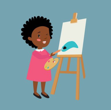 Yazdır. Şirin Afrikalı Amerikalı kız. Küçük kız sehpada boyalarla resim çiziyor. Afrikalı kız çizgi filmi. Kız resim yapmayı öğreniyor. Küçük sanatçı.