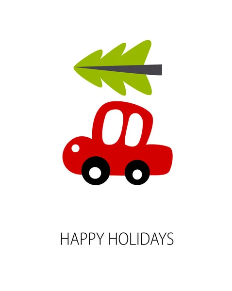 Print Small Red Car Carrying Christmas Tree Cartoon Car Happy — Stock Vector