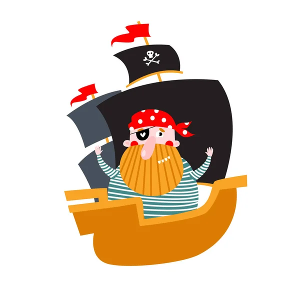 Skriv Tecknad Pirat Ombord Skeppet Piratskepp Vektor Bra Pirat Har — Stock vektor