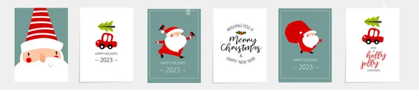 Tisk Novoroční Plakáty Santa Claus Malé Červené Auto Nese Vánoční Royalty Free Stock Ilustrace