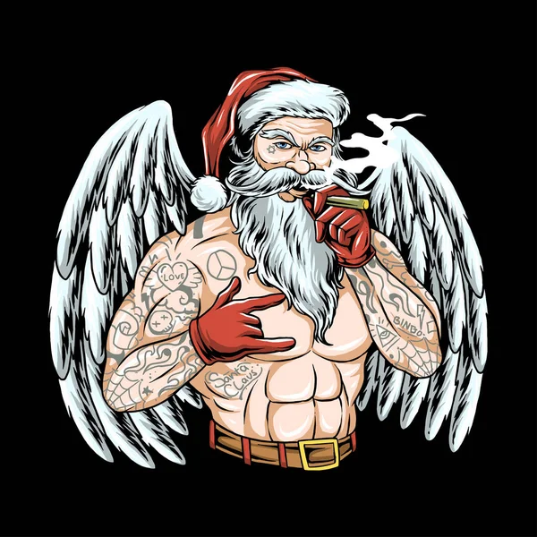 Père Noël Claus Avec Des Ailes Ange Tatouages Fumer — Image vectorielle