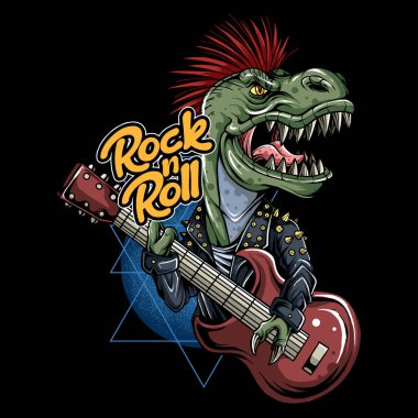 punk t-rex dinozor rockçı ceketli gitar çalıyor.
