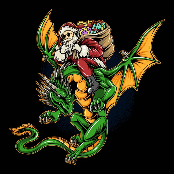 Christmas Santa Claus Flying Dragon Carrying Christmas Gifts — Stock Vector