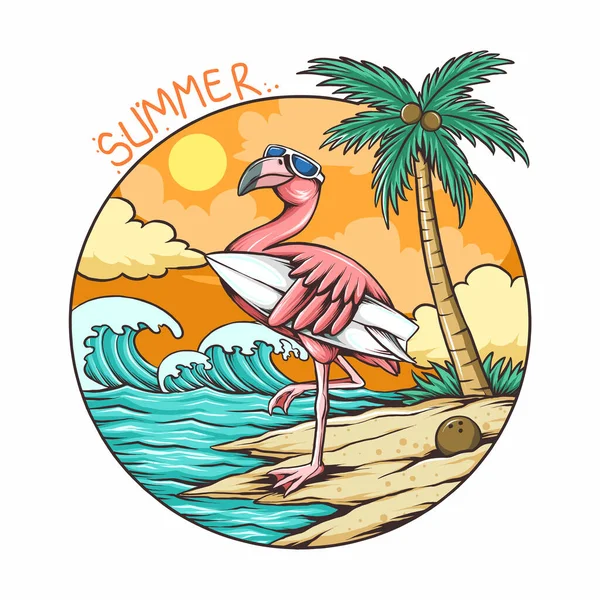 Flamingo Summer Con Tavola Surf Occhiali — Vettoriale Stock