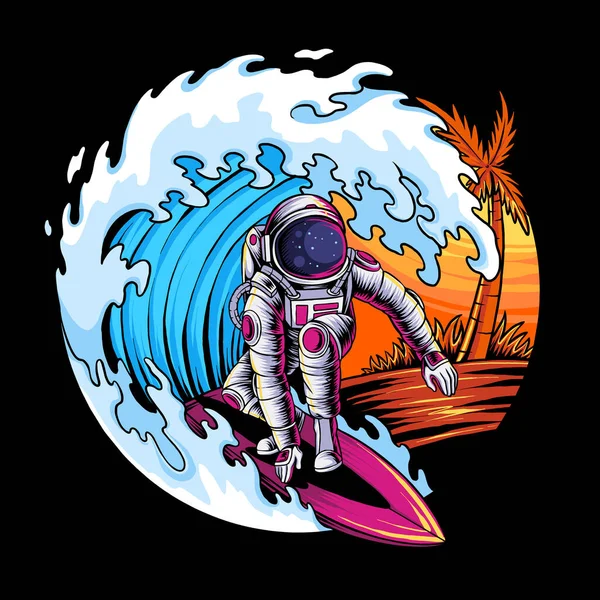 夏季宇航员在太空海滩海浪中冲浪 — 图库矢量图片