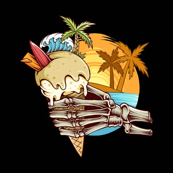 Skull Bone Hands Holding Ice Cream Cone Surfeando Playa — Vector de stock