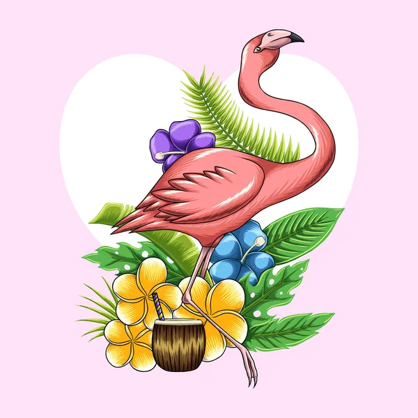 Flamingo Verano Flores Tropicales Follaje — Vector de stock