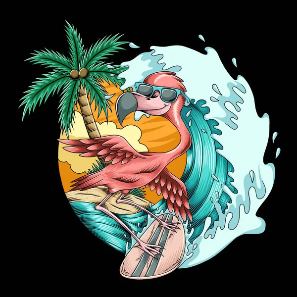 Flamingo Letní Surfování Pláži — Stockový vektor
