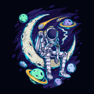 Astronot sigara içerken Ay 'da Oturuyor