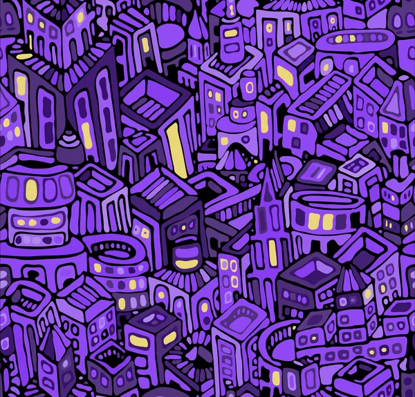 Nacht stad in violet naadloze patroon, vector — Stockvector
