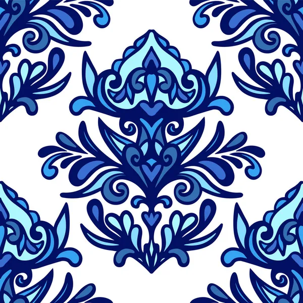 Роскошный Дамаск Процветает Цветок Бесшовный Узор Синий Фон Элегантная Декоративная — стоковый вектор