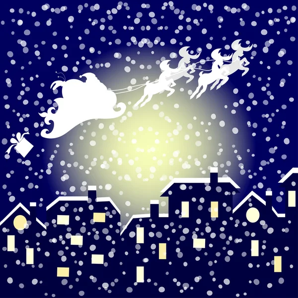 Santa In His Sleigh Flying Over The City — Stock Vector