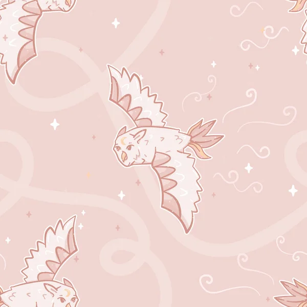 Vector lindo rosa búhos voladores con chispas sin costuras patrón de fondo. Perfecto para proyectos de tela, scrapbooking y papel pintado. — Vector de stock