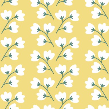 Sarı dikişsiz arka planda, vadideki neşeli zambaklar. Albüm, kumaş, duvar kağıdı ve web tasarımları için mükemmel..