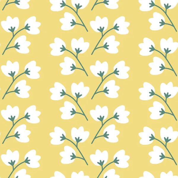 Vector Cheerful Lilies of the valley on Yellow seamless pattern background. Perfect for scrapbooking, fabric, wallpaper, and web designs. — Stock Vector