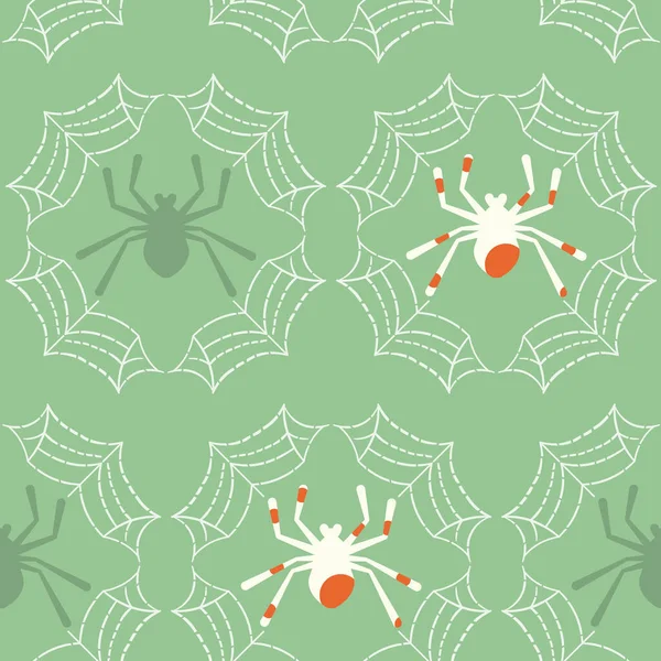 ( 영어 ) Vector Spiders on Web with Green seamless pattern background. 천에 딱 맞는, 스크랩북 과 벽지 작업. — 스톡 벡터