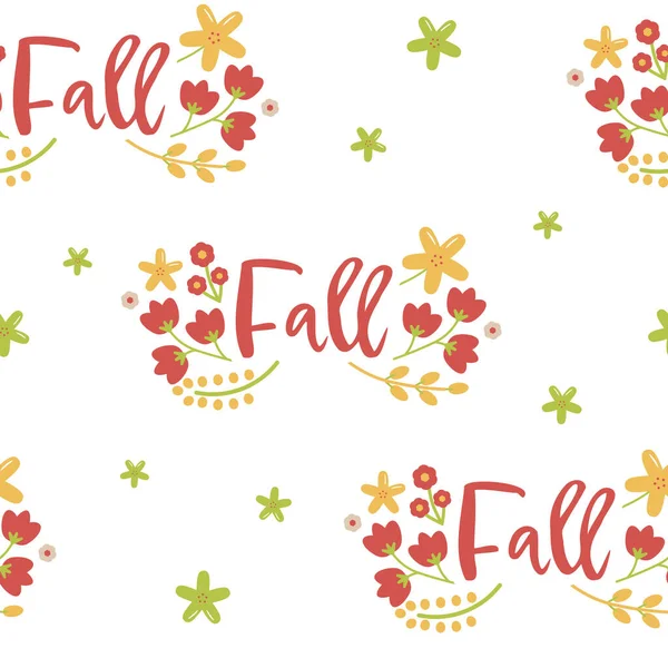 Vector Cheerful Fall Folklore Florals in Yellow Red and Green seamless pattern background design. Perfect for scrapbooking, fabrics and web design projects. — Stock Vector