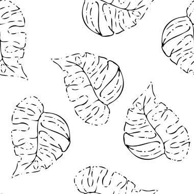 Vector Monstera Black Lineart silueti kusursuz model arka planı. Kumaş, hatıra defteri ve duvar kağıdı projeleri için mükemmel..