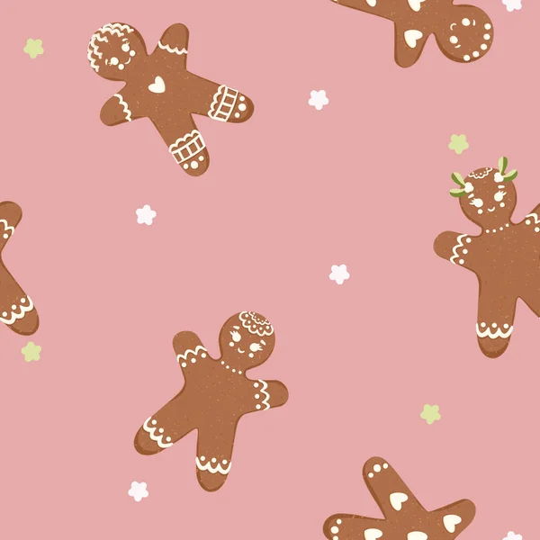 Vector doce biscoitos de gengibre no fundo padrão sem costura rosa. Perfeito para projetos de web design, tecido, scrapbooking e papel de parede. — Vetor de Stock