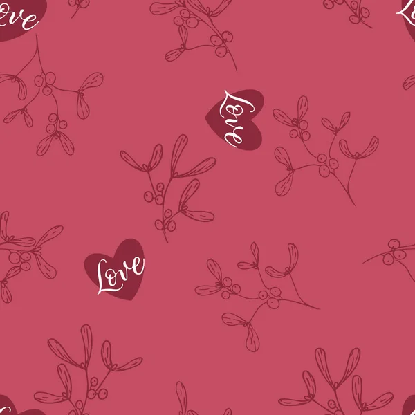 Vector Christmas Mistletoe Lineart mit Liebe in roten nahtlosen Musterhintergrund. Perfekt für Stoff-, Scrapbooking- und Tapetenprojekte. — Stockvektor