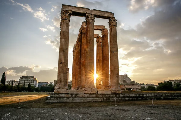 Ancient Greek Columns Ancient Temple Zeus Olympeion Athens Sunset Light — Stock Photo, Image