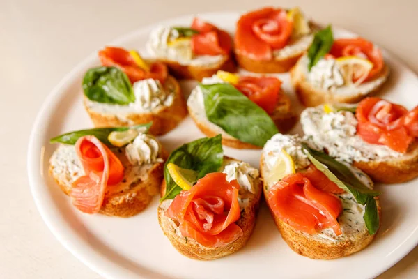 Bruschetta Salmon White Tray — Stock Photo, Image