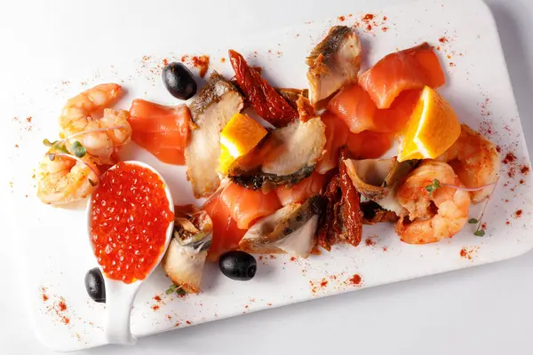 Various Seafood White Plate — Stock Photo, Image