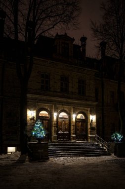 Güzel ahşap kapıları olan eski bir binaya giriş. Noel ağacı geceleri merdivenlerin yanında parlar.