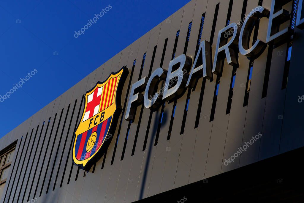 Barcelona, Spain - January 26, 2022: - FC Barcelona logo on exterior of Camp Nou stadium