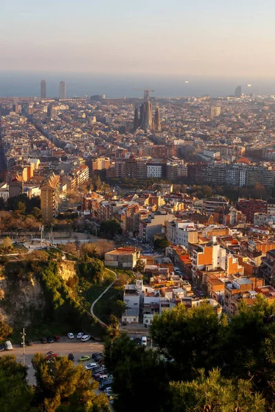 Barcelona Stadspanorama Solnedgången — Stockfoto