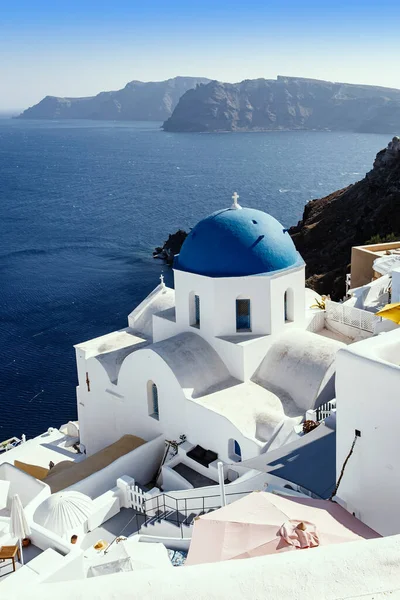 Cúpula Azul Igreja Ortodoxa Grega Ilha Santorini — Fotografia de Stock