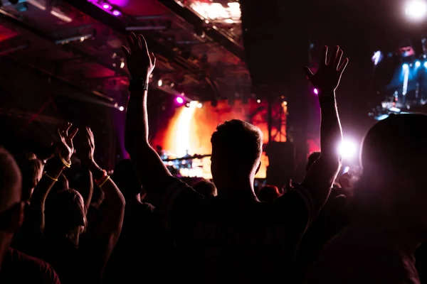 Silhouette of a girl in a crowd enjoying the outdoor music festival concert