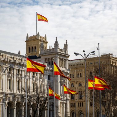 Arka planda bir sürü İspanyol bayrağı var.