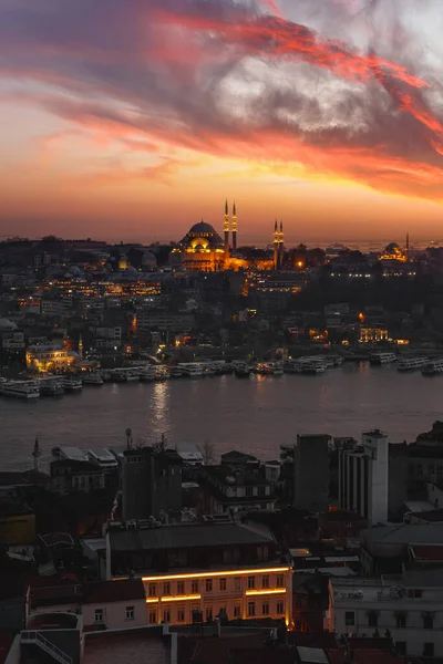 Paysage Nocturne Istanbul Avec Mosquée Suleymaniye Surlignée — Photo