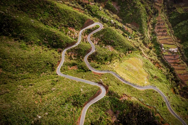 Křivolaká Horská Cesta Zelené Části Ostrova Tenerife Španělsko Horní Letecké — Stock fotografie