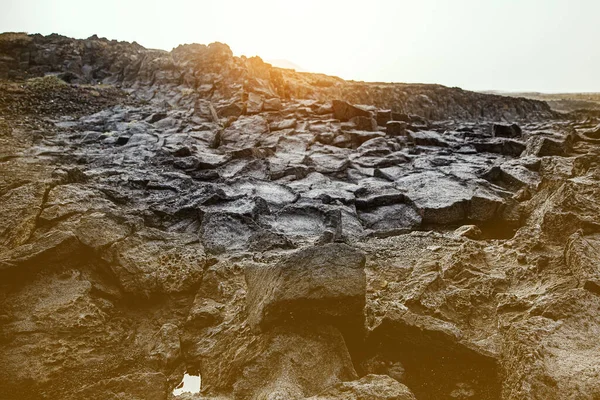 Vulkanisch Landschap Gekoelde Lava Zwarte Rotsachtige Textuur — Stockfoto